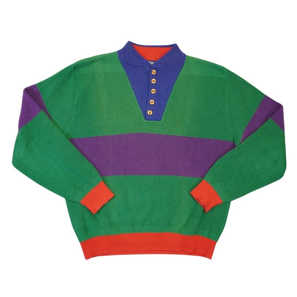 Lands' End Other - Vintage 90s Lands End Sweater Mens L Green Colorblock Ribbed Cotton Henley USA
